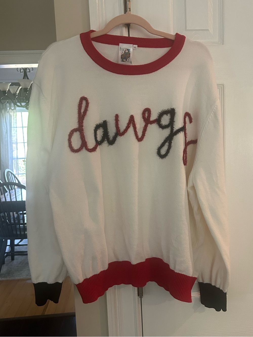 QUEEN OF SPARKLES Cream Sweater with Red Trim and Multicolor Script